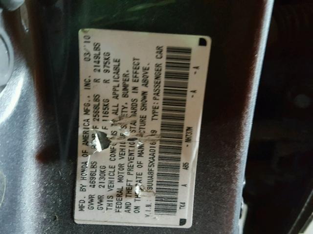 19UUA8F5XAA016719 - 2010 ACURA TL GRAY photo 10