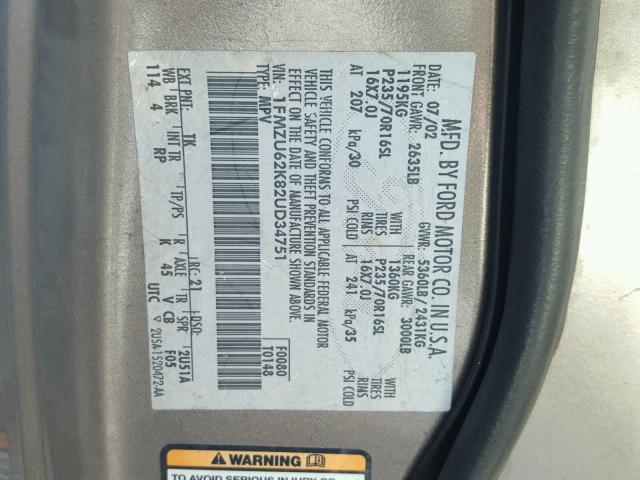 1FMZU62K82UD34751 - 2002 FORD EXPLORER X GRAY photo 10