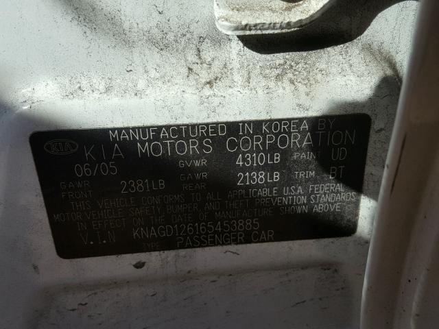 KNAGD126165453885 - 2006 KIA OPTIMA LX WHITE photo 10