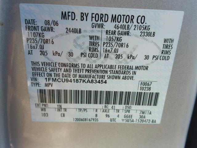 1FMCU94187KA83454 - 2007 FORD ESCAPE LIM SILVER photo 10