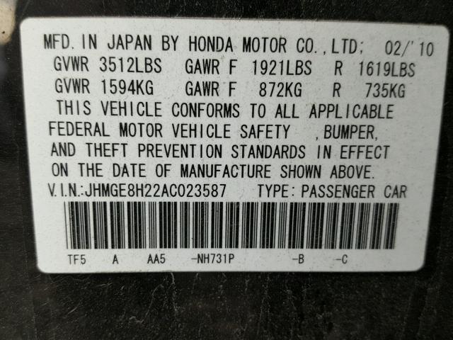 JHMGE8H22AC023587 - 2010 HONDA FIT BLACK photo 10