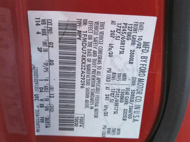 1FMDU74KX3ZA29396 - 2003 FORD EXPLORER E RED photo 10