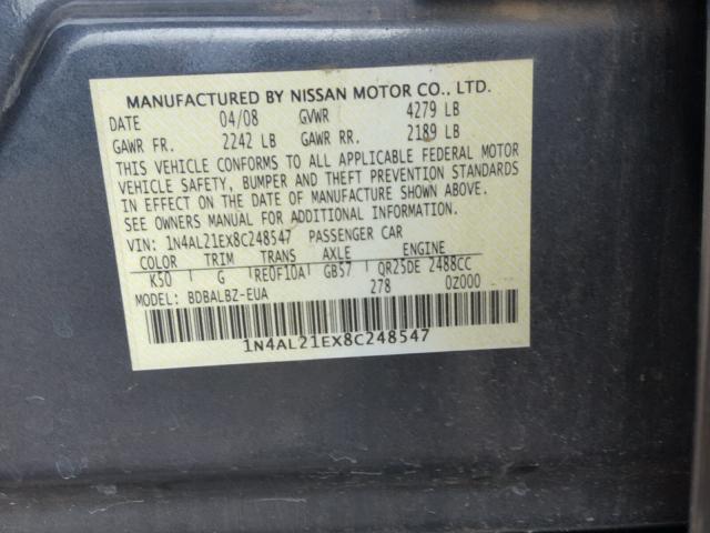 1N4AL21EX8C248547 - 2008 NISSAN ALTIMA 2.5 GRAY photo 10