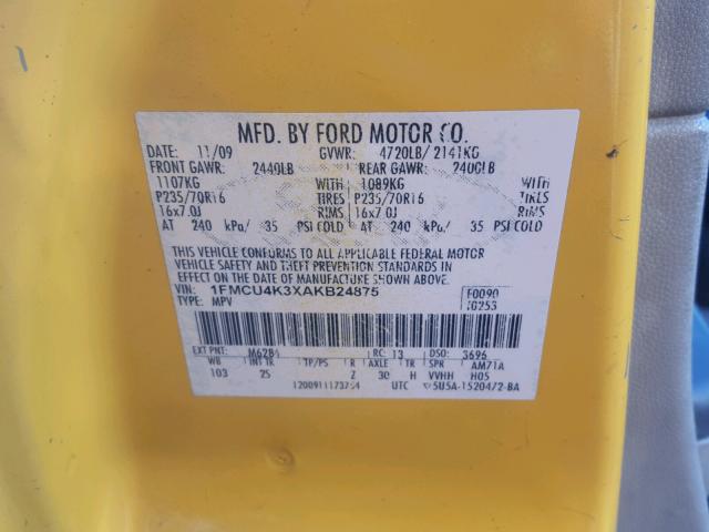 1FMCU4K3XAKB24875 - 2010 FORD ESCAPE HYB YELLOW photo 10