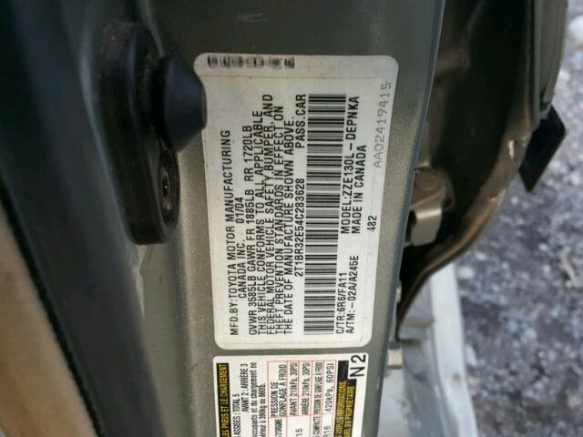 2T1BR32E54C283628 - 2004 TOYOTA COROLLA CE GRAY photo 10