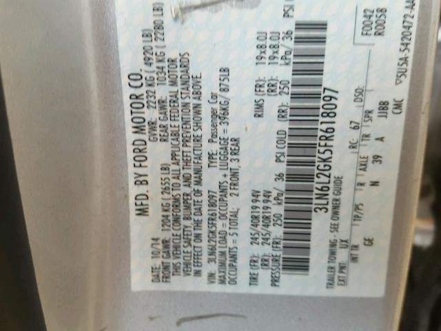 3LN6L2GK5FR618097 - 2015 LINCOLN MKZ Արծաթագույն լուսանկար 10