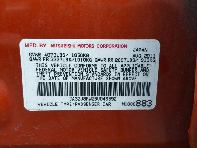 JA32U8FW2BU046592 - 2011 MITSUBISHI LANCER GTS ORANGE photo 10