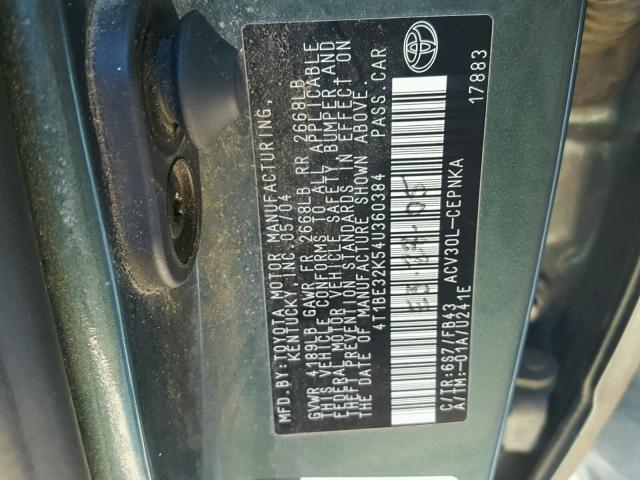 4T1BE32K54U360384 - 2004 TOYOTA CAMRY LE BLACK photo 10