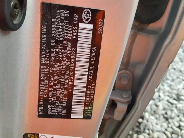 4T1BE32K14U868822 - 2004 TOYOTA CAMRY LE ვერცხლისფერი ფოტო 10