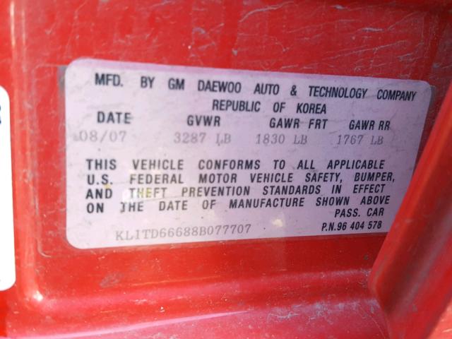 KL1TD66688B077707 - 2008 CHEVROLET AVEO BASE Czerwony zdjęcie 10