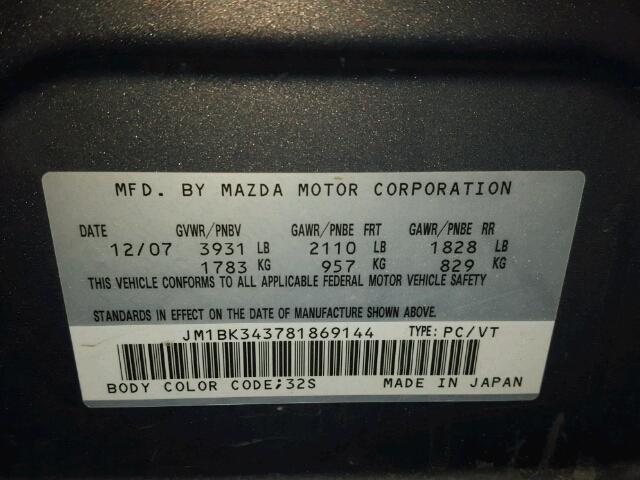 JM1BK343781869144 - 2008 MAZDA 3 HATCHBAC GRAY photo 10