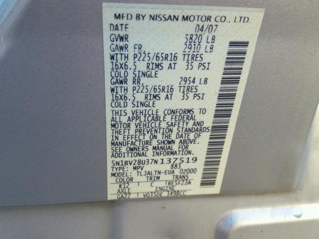 5N1BV28U37N137519 - 2007 NISSAN QUEST S SILVER photo 10