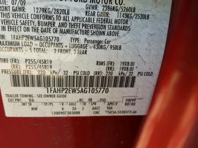 1FAHP2EW5AG105770 - 2010 FORD TAURUS SEL RED photo 10