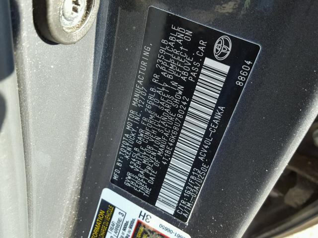 4T1BE46K68U780242 - 2008 TOYOTA CAMRY CE GRAY photo 10