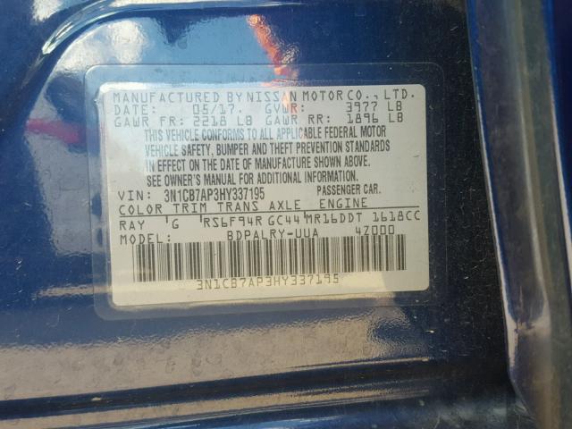 3N1CB7AP3HY337195 - 2017 NISSAN SENTRA SR BLUE photo 10