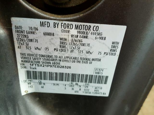 1FTSX21P97EB28326 - 2007 FORD F250 SUPER GRAY photo 10