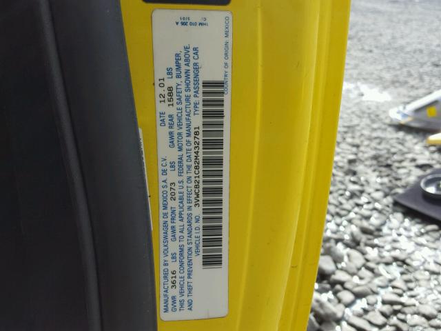 3VWCB21C82M432781 - 2002 VOLKSWAGEN NEW BEETLE 黄色 照片 10