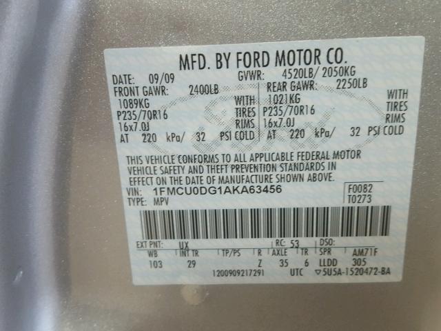 1FMCU0DG1AKA63456 - 2010 FORD ESCAPE XLT SILVER photo 10