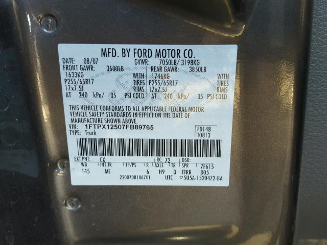 1FTPX12507FB89765 - 2007 FORD F150 GRAY photo 10