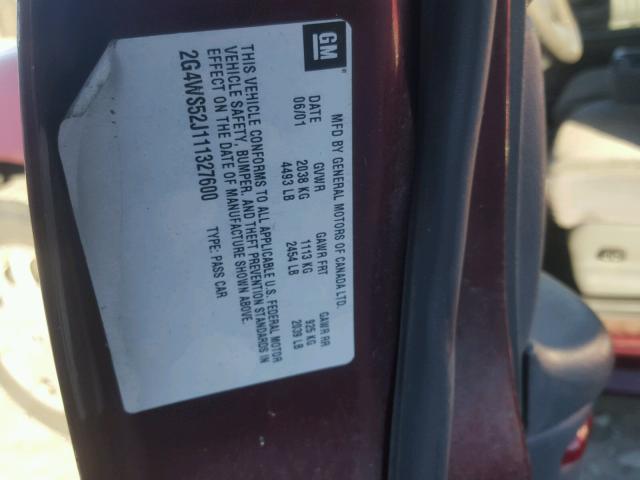 2G4WS52J111327600 - 2001 BUICK CENTURY CU MAROON photo 10