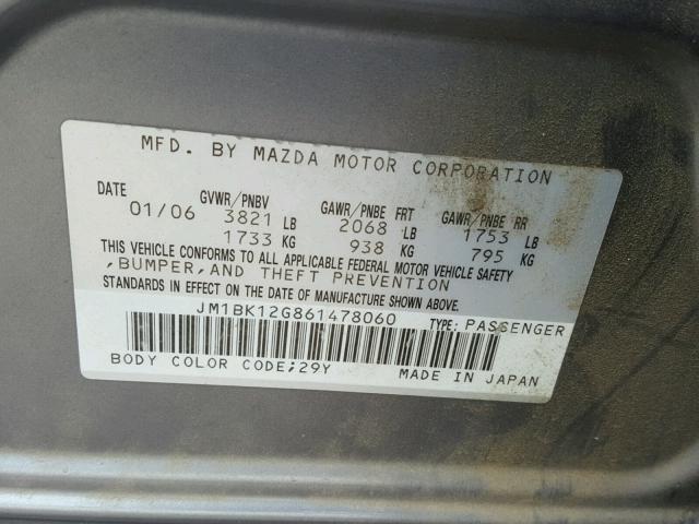 JM1BK12G861478060 - 2006 MAZDA 3 I CHARCOAL photo 10