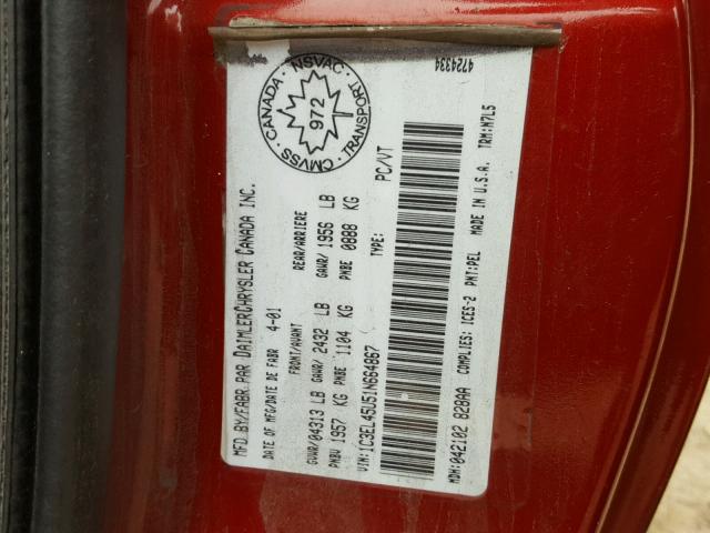 1C3EL45U51N664867 - 2001 CHRYSLER SEBRING LX RED photo 10