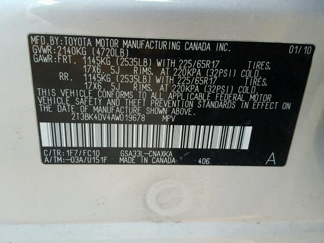 2T3BK4DV4AW019678 - 2010 TOYOTA RAV4 SILVER photo 10