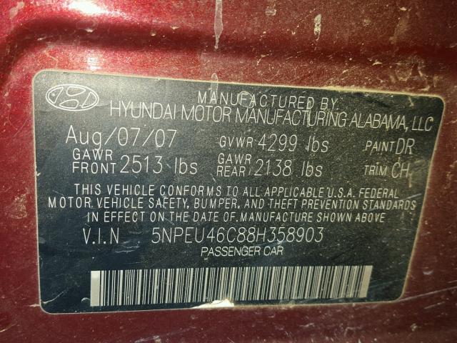 5NPEU46C88H358903 - 2008 HYUNDAI SONATA SE 勃艮第红 照片 10
