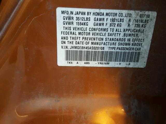 JHMGE8H45AS020108 - 2010 HONDA FIT SPORT ORANGE photo 10