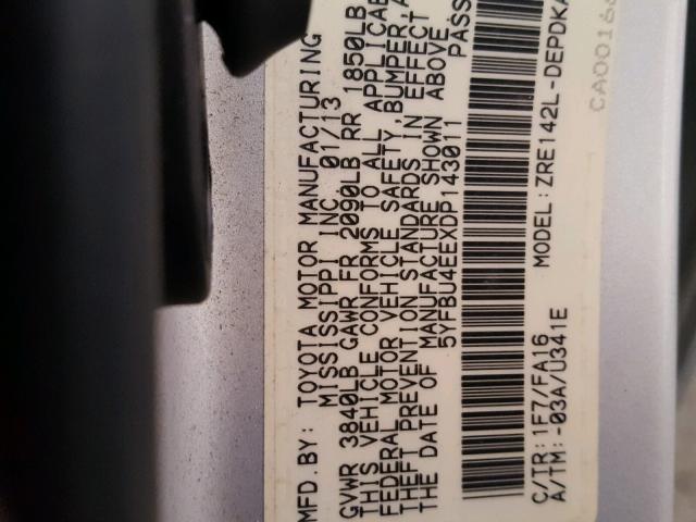 5YFBU4EEXDP143011 - 2013 TOYOTA COROLLA BA SILVER photo 10