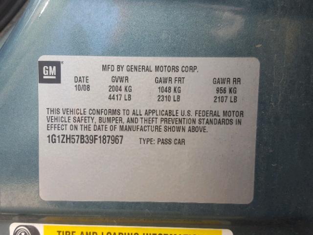 1G1ZH57B39F187967 - 2009 CHEVROLET MALIBU 1LT GREEN photo 10
