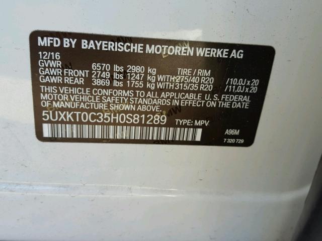 5UXKT0C35H0S81289 - 2017 BMW X5 XDR40E WHITE photo 10