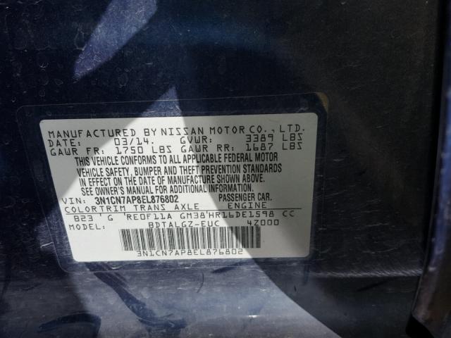 3N1CN7AP8EL876802 - 2014 NISSAN VERSA S BLUE photo 10