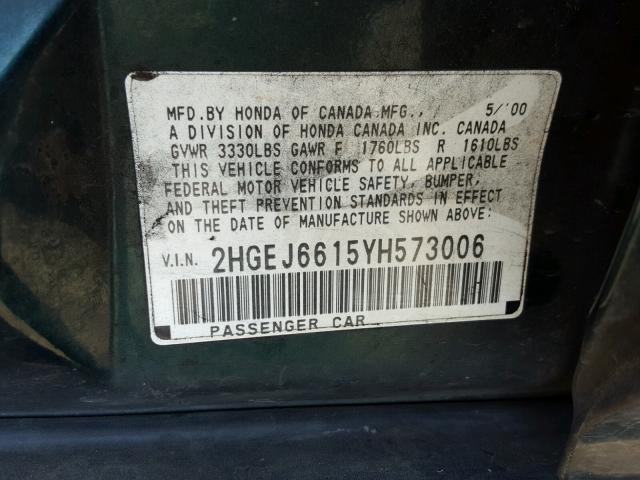 2HGEJ6615YH573006 - 2000 HONDA CIVIC BASE 绿色 照片 10