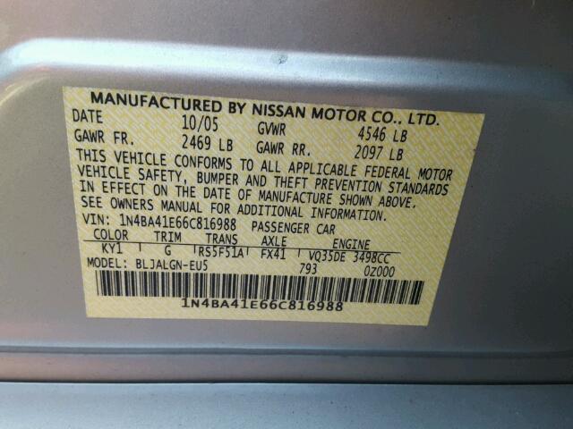 1N4BA41E66C816988 - 2006 NISSAN MAXIMA SE SILVER photo 10