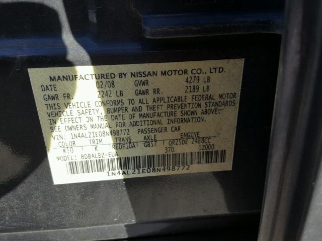 1N4AL21E08N498772 - 2008 NISSAN ALTIMA 2.5 GRAY photo 10