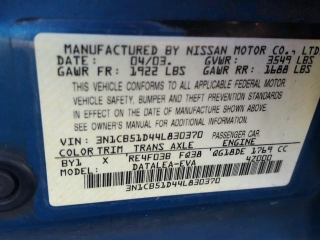 3N1CB51D44L830370 - 2004 NISSAN SENTRA 1.8 BLUE photo 10