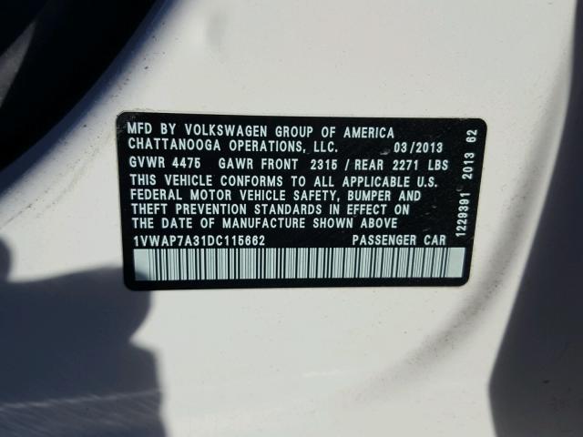 1VWAP7A31DC115662 - 2013 VOLKSWAGEN PASSAT S Սպիտակ լուսանկար 10