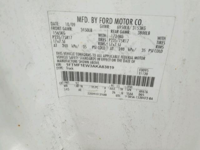 1FTMF1EW3AKA83819 - 2010 FORD F150 WHITE photo 10