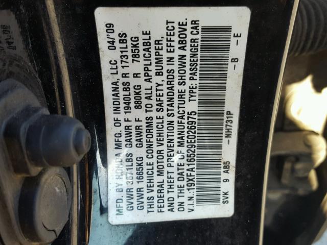 19XFA16529E026975 - 2009 HONDA CIVIC LX BLACK photo 10