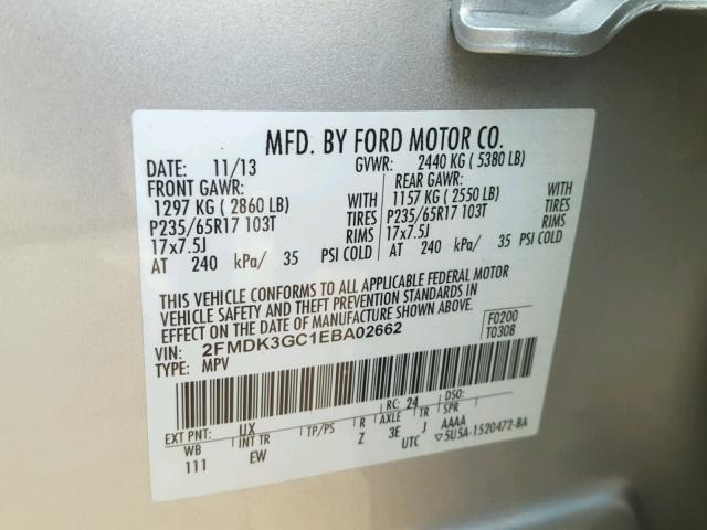 2FMDK3GC1EBA02662 - 2014 FORD EDGE SE SILVER photo 10