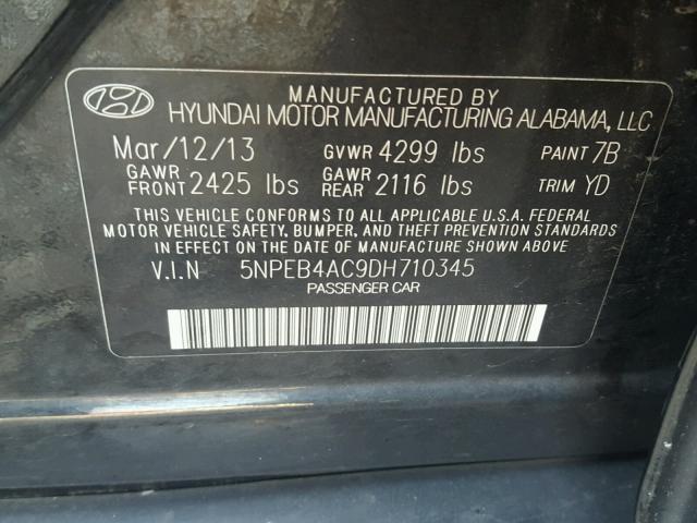 5NPEB4AC9DH710345 - 2013 HYUNDAI SONATA GLS BLACK photo 10