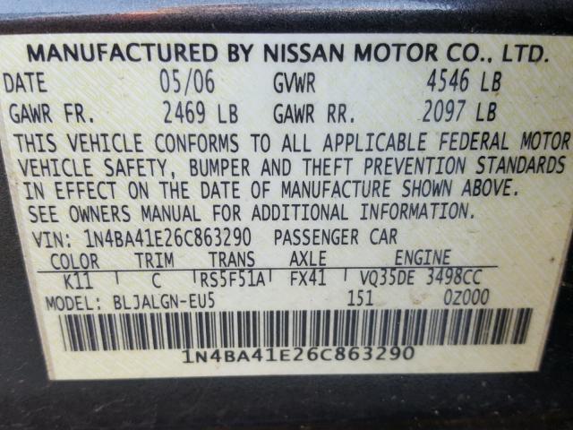 1N4BA41E26C863290 - 2006 NISSAN MAXIMA SE BLACK photo 10