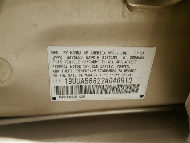 19UUA56622A046810 - 2002 ACURA 3.2TL BEIGE photo 10