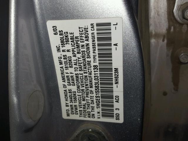 1HGES15583L031138 - 2003 HONDA CIVIC LX SILVER photo 10