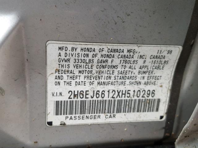 2HGEJ6612XH510296 - 1999 HONDA CIVIC BASE GRAY photo 10