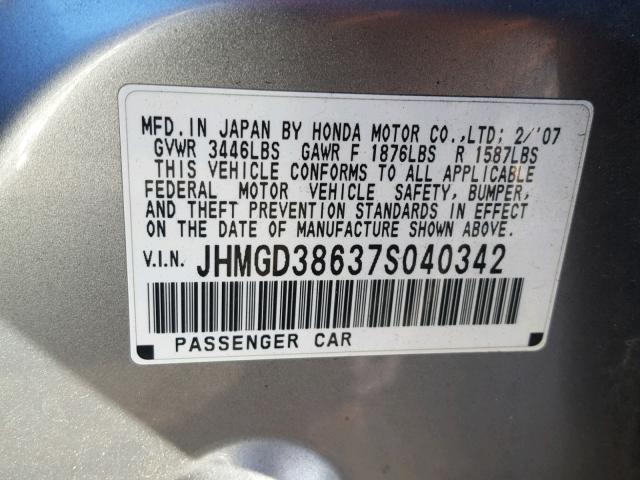 JHMGD38637S040342 - 2007 HONDA FIT S 灰色 照片 10