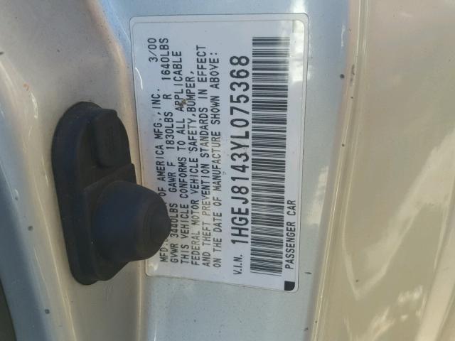 1HGEJ8143YL075368 - 2000 HONDA CIVIC EX SILVER photo 10