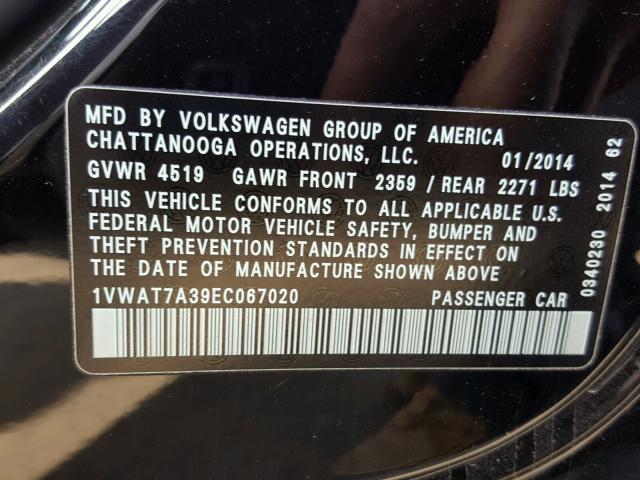 1VWAT7A39EC067020 - 2014 VOLKSWAGEN PASSAT S შავი ფოტო 10