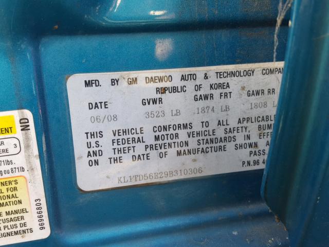 KL1TD56E29B310306 - 2009 CHEVROLET AVEO LS TURQUOISE photo 10